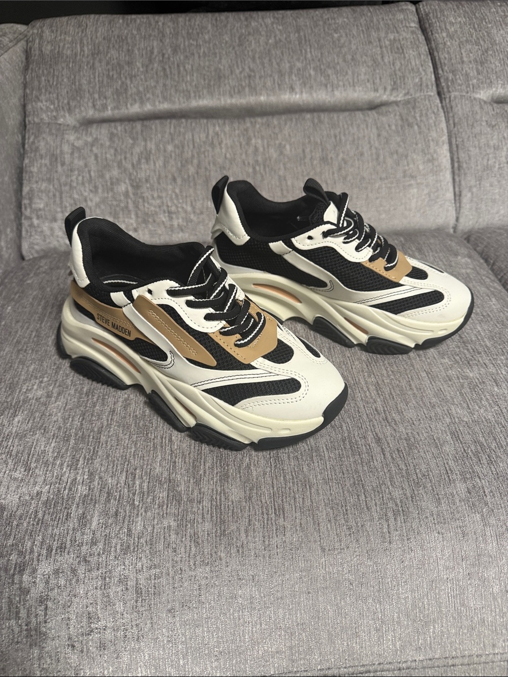 Steve Madden Chunky Lace-Up Sneakers — Black, White & Tan